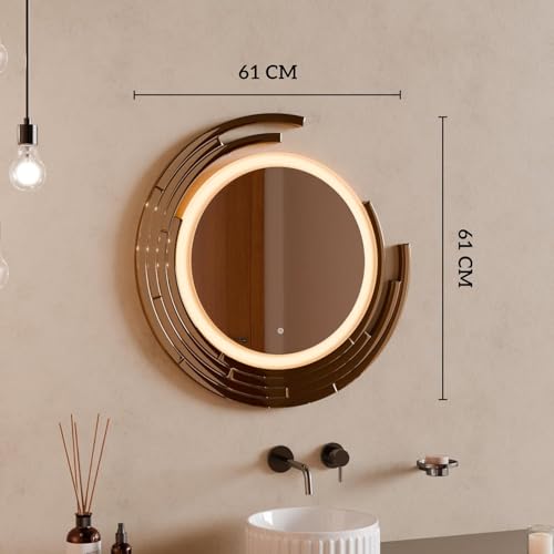 Image of BASSINO 24x24 Inches 3D LED Mirro for Bathroom /Sensor Touch /3 Adjustable Color Tone /Dimmable Light /Vanity Mirrors /Round Washbasin Mirror with LED Lights /Smart Mirror for Bathroom Wall(Rose-Gold)