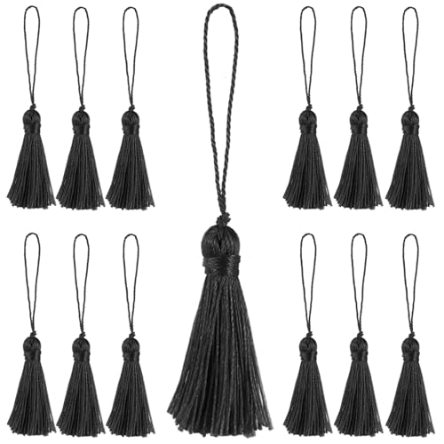Image of 48Pcs Mini Bookmark Tassels Handmade Keychain Silky Tassel | (Black)3.75inch Tassel, Silky Floss Craft Tassel for Jewelry Making,Tags,DIY Accessory