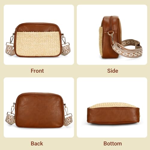 Herald Straw & Vegan Leather Crossbody Bags for Women, Summer Small Camera Shoulder Purse Handbags with Wide Strap3