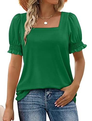 Image of WIHOLL Tops for Women Summer Casual Ruffle Trim Sleeve Square Neck T Shirts