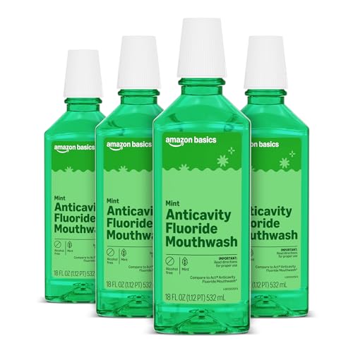 Amazon Basics Anticavity Fluoride Rinse, Alcohol-Free, Mint, 18 ounce (Pack of 4), Packaging May Vary