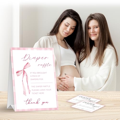 Image of Diaper Raffle Set For Baby Shower - Pink bow - 1 Standing Sign & 50 Diaper Raffle Tickets, Gender Reveal, Baby Announcement Party Decorations & Supplies - A15