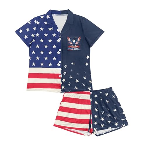 Image of Women's Short Sleeve Sleepwear Button 2 Piece Plus Size Pajamas Casual Soft Stretchy Funny Nightwear with Pockets