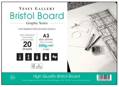A3 Bristol Board Pad. 20 Sheets of Smooth White 250gsm Board by Vesey Gallery