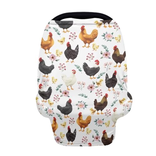 Image of Binienty Babies Car Seat Cover - Rooster Floral Car Seat Covers for Baby Girls Boys Stretchy Multi-Use Breastfeeding Scarf for Moms, Newborn Essentials Baby Shower Gifts