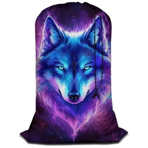 Swono Galaxy Wolf Drawstring Closure Dirty Clothes Bag Organizer, Heavy Duty Large Laundry Bag, Starry Sky Stars Constellation Outer Space Bags for Camp Travel, Machine Washable, Magical Purple