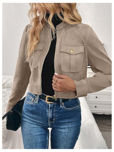 GORGLITTER Women's Zip Up Crop Jacket Faux Suede Long Sleeve Cropped Cargo Jacket Outerwear Trendy Jackets 20252