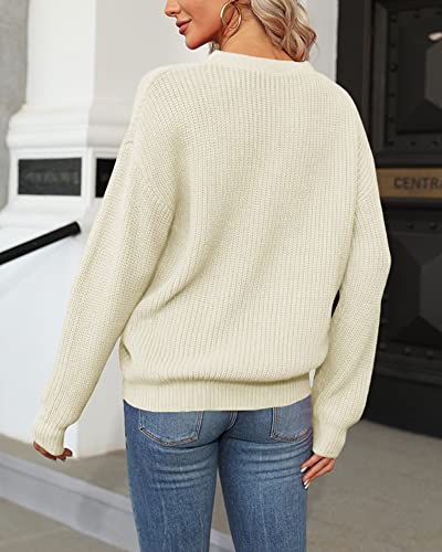 Cicy Bell Women's V Neck Sweaters Hollow Out Long Sleeve Casual Knit Pullover Jumper Tops White #TOP4