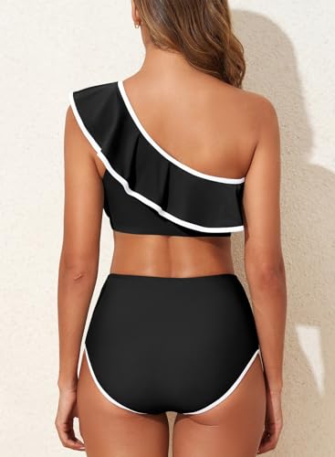 Herseas Women\'s One Shoulder Bikini Sets Color Block Trimmed Ruffle Hem Swimsuits Elegant Bathing Suits Black Travel Outfits Large - Thumbnail 3