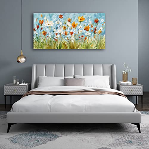 Image of VEAEE Wildflowers Canvas Wall Art Daisy Flowers Canvas Pictures Abstract Orange Red Green Floral Blossom Landscape Painting for Living Room Bedroom Kitchen Dining Room Home Office Decor 20 inchx40 inch