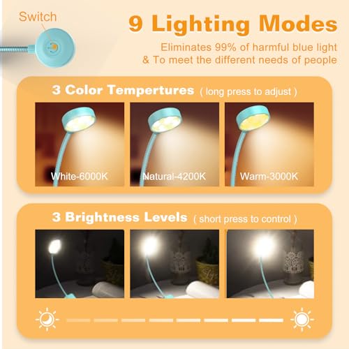 Image of KTEBO 2 Pack Rechargeable Book Light Clip-On Reading Light for Books in Bed | 9 eye-friendly modes from 3 color temperatures and 3 brightness, USB-C up to 30 hrs - Black & Blue