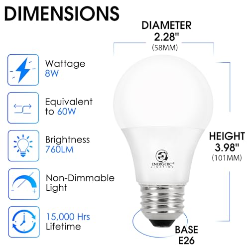 Energetic 24 Pack LED Light Bulbs 60 Watt Equivalent, A19 Warm White 3000K, E26 Base, Non-Dimmable, 8W 760lm, ETL Listed - Thumbnail 2