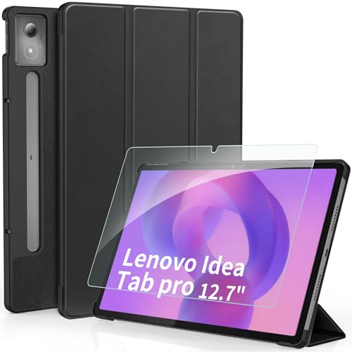 CACOE Hülle für Lenovo Idea Tab Pro 12.7 Zoll 2025 mit Schutzfolie - Ultra Dünn mit Standfunktion Slim PU Leder Schutzhülle Schwarz