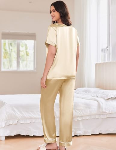Image of Ekouaer Satin Pajamas for Women Short Sleeve Silk Pajama Sets Soft Sleepwear Top with Causal Long Pj Pant