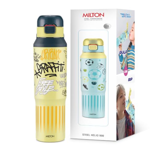 Image of Milton Steel Helio 900 Thermoware Water Bottle 600 ml with One Touch Safety Lock & Twin Lid Sip or Gulp, Long Hours Hot & Cold, Leak Proof, ISI Certified, PU Insulated, for Kids, School, Dark Grey