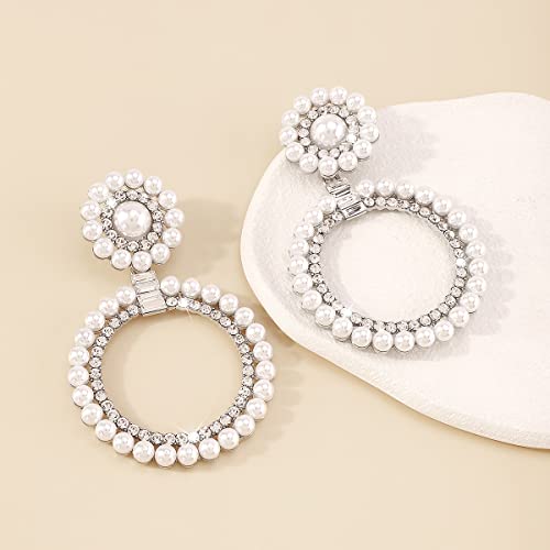 Chargances Boho Baroque Round Pearl Hoop Dangle Earrings Dainty Sparkling Crystal Circle Drop Dangle Earrings Fashion Stud Earrings For Women And Girls Gift Party (Silver) #TOP2