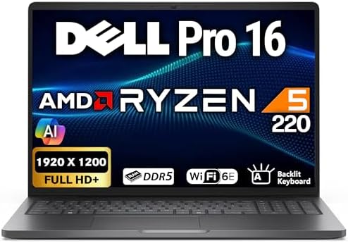 Dell Pro 16 FHD+ 16" (Replaces Latitude 3550), AMD Ryzen 5 220, 32GB DDR5 RAM, 512GB SSD, Backlit Keyboard, WiFi 6E + BT, RJ-45, HDMI, HD Webcam, W11P, Business Laptop, Black
