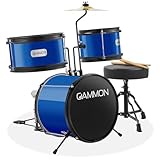 Gammon 3-Piece Junior Drum Set with Throne - Blue, Complete Beginner Kit with Bass Drum, Toms, Cymbal, Pedal, and Drumsticks