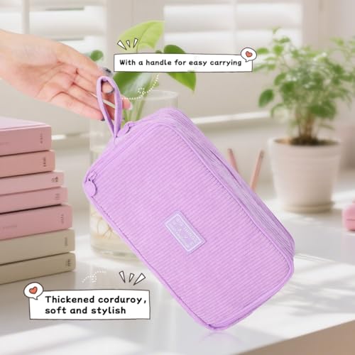 Image of iSuperb Big Capacity Corduroy Pencil Case 3 Compartments Pen Pouch Simple Organizer Bag Large Capacity Pencil Box for Adults (Purple)