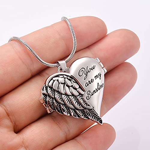 Angel Wing Locket Necklace That Holds Pictures Heart Shaped Lockets Necklaces Pendant Memorial Gifts Jewelry + 20 Inch Snake Chain (You Are My Sunshine) #TOP2