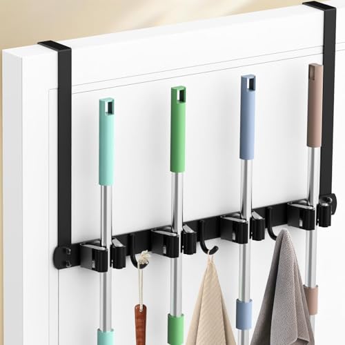 Angju Mop Holder Door Hanger,Broom Holder Wall Mounted or Hanging Over The Door with Hooks,304 Stainless Steel Mop Hanger, Broom Storage Tool Organizer for Garage Closet Laundry