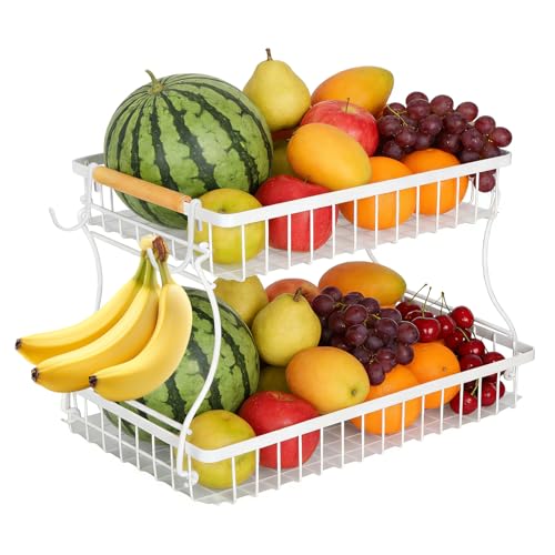 Cozary Présentoir à Fruits Métal, Panier Fruits Légumes, Rangement Cuisine avec 2 Plateaux, 2 Crochets, adaptée à la Cuisine ou au Salon, 37x24x23cm, Blanc