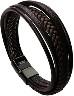 M.A.S Mens Leather Bracelet with Magnetic Clasp Cowhide Multi-Layer Braided Leather Mens Bracelet