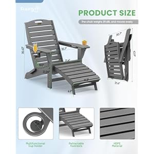 Folding Adirondack Chair with Retractable Ottoman Weather Resistant Fire Pit Chair Patio Chair with 2 Cup Holder Lawn Outdoor Lounge Chair (Grey) Folding Adirondack Chair with Retractable Ottoman Weather Resistant Fire Pit Chair Patio Chair with 2 Cup Holder Lawn Outdoor Lounge Chair Grey