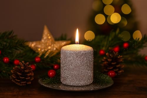 Marco Paul Pilar velas de larga duración marfil alto iglesia vela decoración de Navidad luz larga duración festiva boda evento comedor fiesta iluminación exhibición centro de mesa plata brillo 7,5 cm