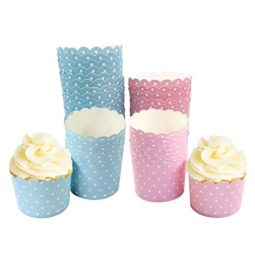 Paquete de 100 moldes de papel para cupcakes, mini vasos para hornear postres, cajas de papel para magdalenas, cupcakes, bodas, fiestas, cumpleaños (1.97 x 1.8 x 2.4 pulgadas, rosa/azul)