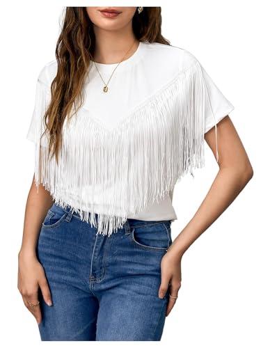 Verdusa Women's Short Sleeve Fringe Tops Tassel Trim Cowgirl