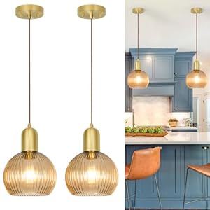 Gold Pendant Light Set Of 2, Modern Pendant Lights Kitchen Island With Amber Striped Glass, Mid Bathroom Pendant Light Adjustable Hanging Light For Dining Room Hallway, 7.8in Shade 11.8-59in Cord