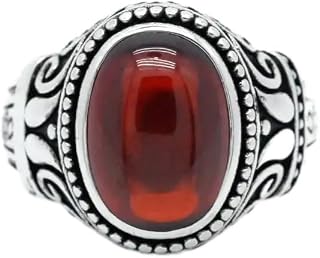 Ruby Ring for Men S925 Sterling Silver Ruby Gemstone Men Ring, Handmade Oval Garnet Stone Silver Ring for Men Vintage Pattern Promise Jewelry Gift for Men Boy Dad Him, Stone, Ruby