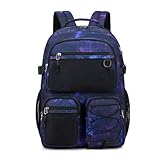 Lohol Multi-Pocket Backpack for Travel College, Heavy Duty Big Bookbag with 15.6 inch Laptop Compartment (Black Purple Galaxy
