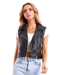 DIASHINY Kurze Kunstlederweste für Damen Slim Revers Ärmellos Biker Slim Fit PU Ärmellose Lederjacke Motorradweste 046 S