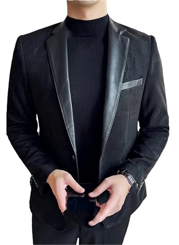 Suede Suit Jacket for Men Office Stylish Splicing Casual Business PU Leather Blazer Office Social Dress Coat