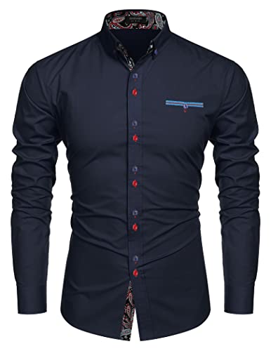 Coofandy Men's Fashion Slim Fit Dress Shirt Casual Exotic Shirt, 01-dark Blue, Medium - Thumbnail 3