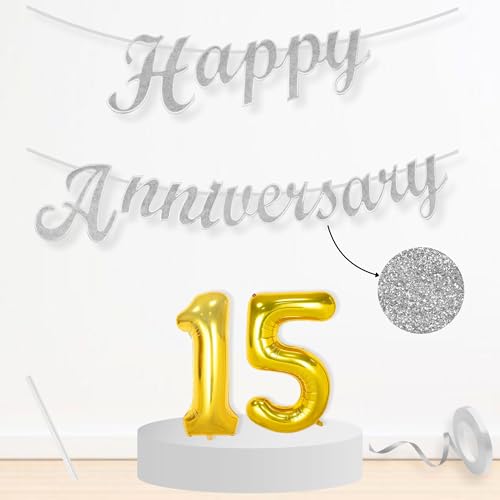 Image of Flyloons 15th Happy Anniversary Banner Silver Decorations Kit for Men Women Wedding Anniversary Banner Items without Balloons
