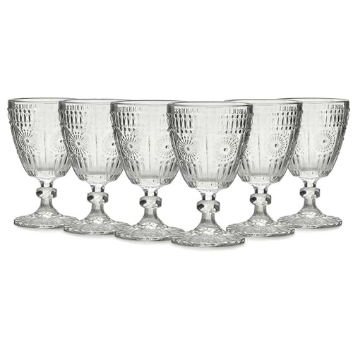 Set 6 Bicchieri a Calice con piede in Vetro Trasparente da 30cl Design Vintage Elegante stile Pregiato Ideale per Acqua Vino e Tavole Raffinate Settore Casa e HORECA