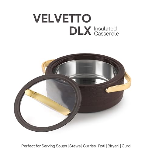 Image of CELLO Velvetto Deluxe 2000 Insulated Casserole Hot Box for Kitchen 2000 ml, Brown | Airtight See Through Lid Hot Pot Case Keeps Food Hot & Warm for Long Hours, Casserole Set for Roti, Rice & Biryani