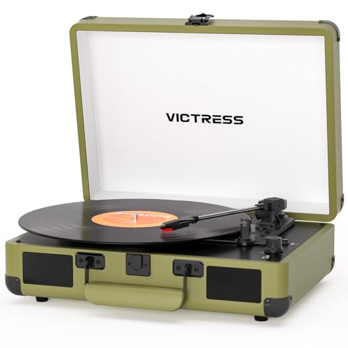 VICTRESS Vinyl Record Player with Bluetooth in/Out, Retro Portable Suitcase Record Player, 3-Speed LP Turntable with USB Vinyl to MP3 Conversion, Stereo Speakers, RCA & Headphone Jack, Olive Green