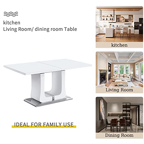 Knocbel Contemporary Extendable Dining Table With Tempered Glass Top, Kitchen Dining Room Rectangular Table With U-Shaped Base, High Gloss Finish, Standard Height (White With Chrome) #TOP6