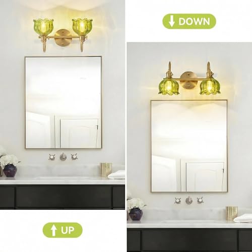 Image of 2-Light Vintage Bathroom Light Fixtures, 14.5 inch Hardwired Vanity Lights with Green Tulip Glass Shades, Brushed Gold Antique Wall Lights for Mirror Restroom Bedroom Living Room(Bulbs Not Included)