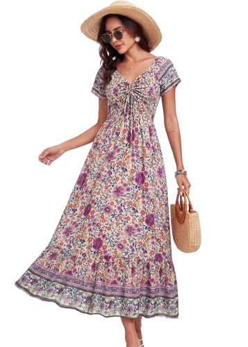 Image of Summer Smocked Boho Maxi Dress for Women 2026 Short Sleeve Floral Smocked Flowy Ruffled Beach Vacation Dresses Lightweight