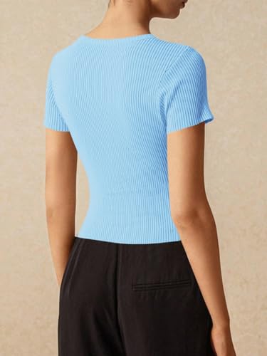 Image of Imily Bela Womens Short Sleeve Sweater Tops Summer Button Down Casual Ribbed Knit Slim Fit Cropped Cardigan Shirts