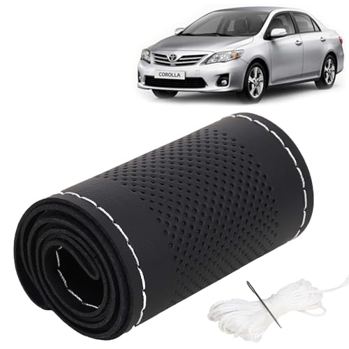 Image of KINGSWAY PU Leatherite Car Steering Cover Sewable Compatible with Toyota Corolla Altis (Year 2007-2013), Black Color with Silver Thread, Pack of 1 with Sewing Needle and Thread