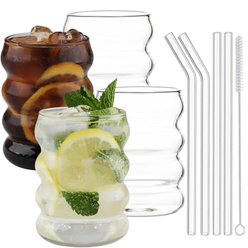 Vexillic Bicchieri Acqua Vetro, 4 Pezzi 350ML Tazza Bicchiere con Cannuccia Vintage Trasparente Ondulazione Bicchieri Acqua per Soda Cocktail Latte Caffè