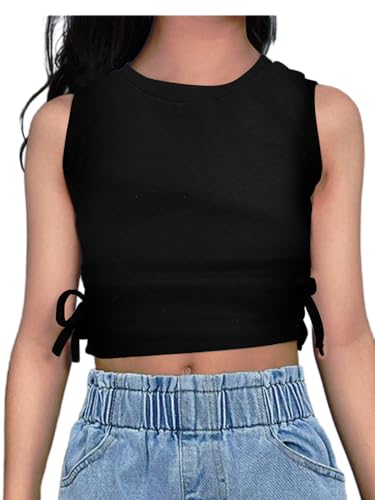 Milumia Girl's Ruched Knot Side Tank Top Crew Neck Sleeveless Basic Crop Tops