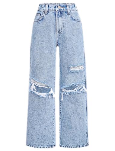 Patotreey Girls Ripped Baggy Wide Leg Jeans Zipper Fly Elastic High Waist Y2K Trendy Denim Pants Ripped Blue 11-12 Years/Size 150