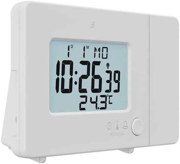 Side view of the alarm clock with the projection arm extended, showing the projection lens.